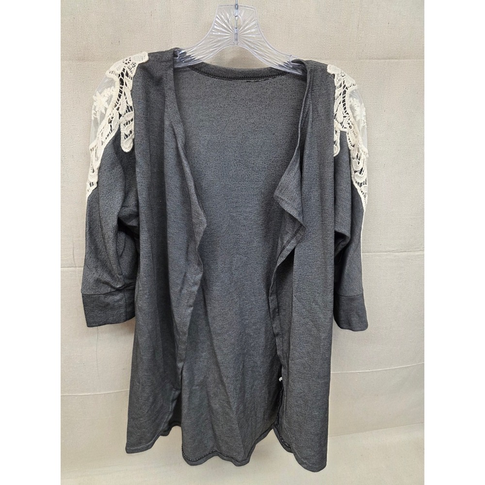 Unbranded Gray Open Front Cardigan with Ivory Lace Shoulder Detail‎ Size L